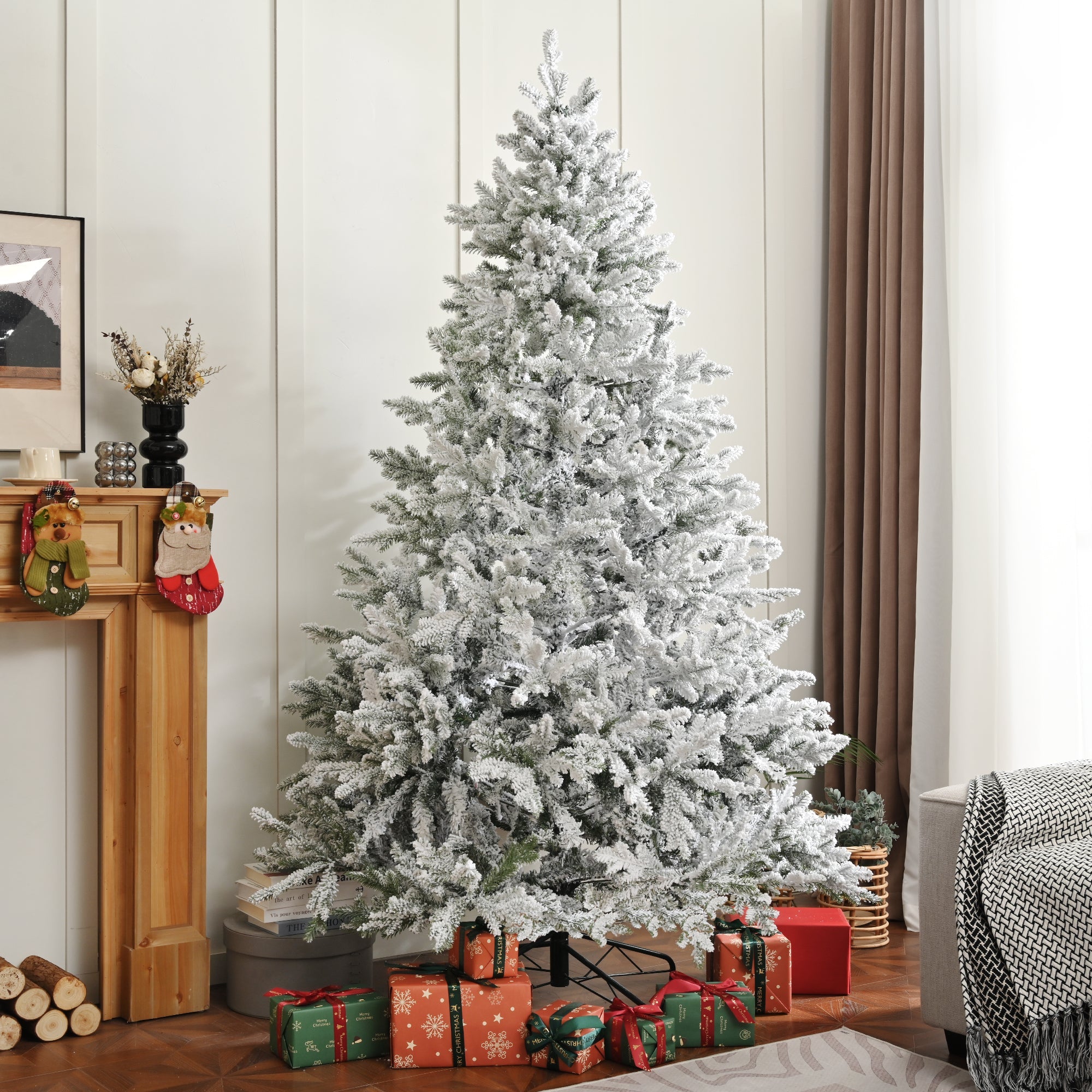Premium 7FT Snow Flocked Hinged Artificial Christmas Tree with Fluffy