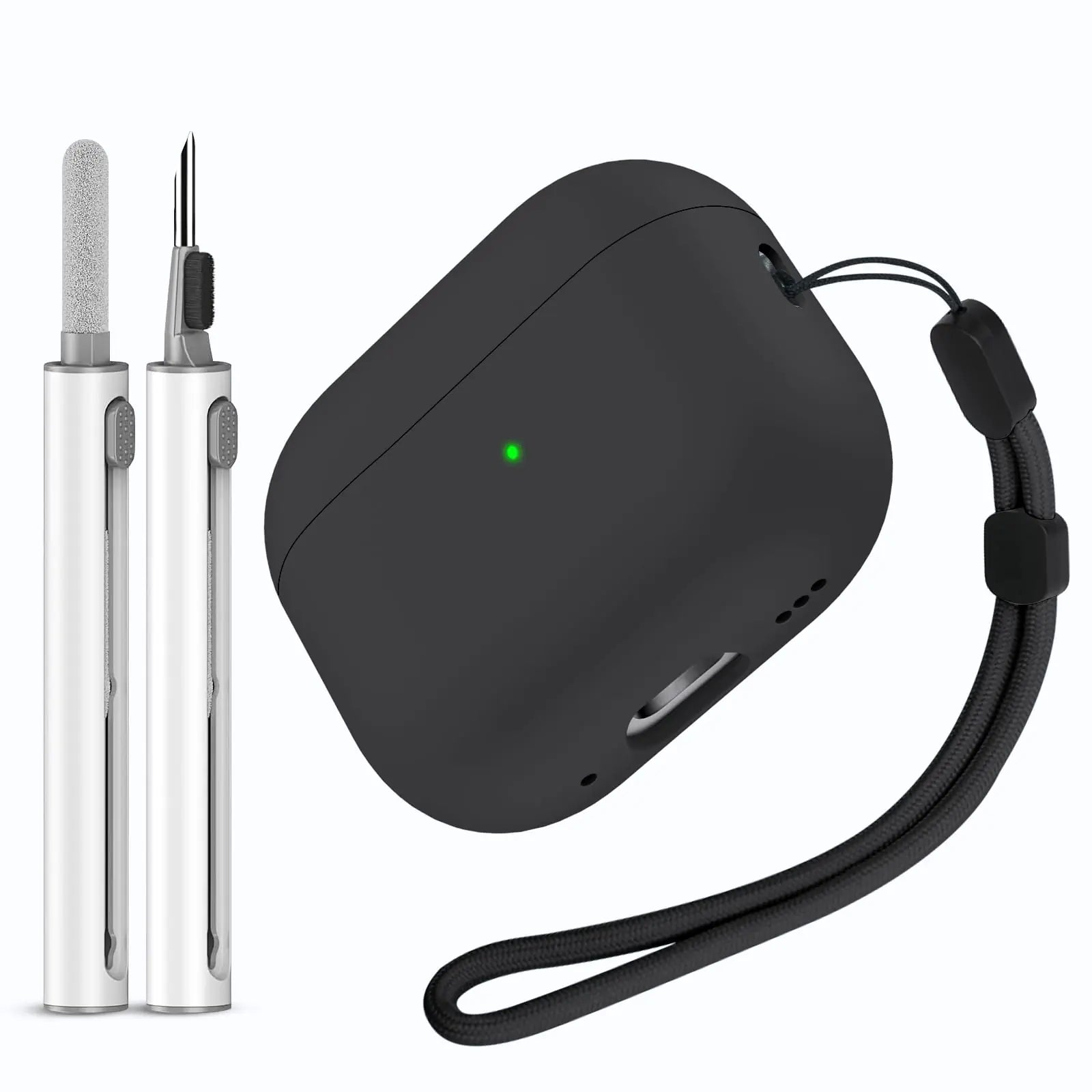 Miracase Designed for Airpods Pro 2nd/1st Case with Cleaner Kit Soft Skin Cases for Airpod Pro 2 (2024/2023/2019) Front LED Visible Liquid Silicone Cover with Lanyard (Black)