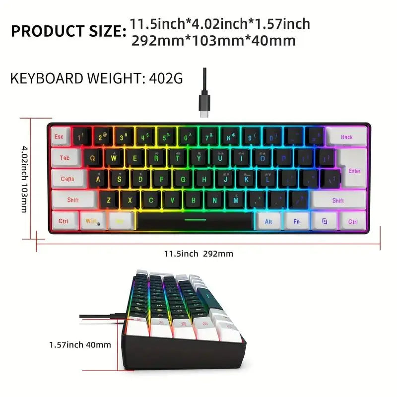 60% wired gaming keyboard, RGB backlight ultra compact mini keyboard,
