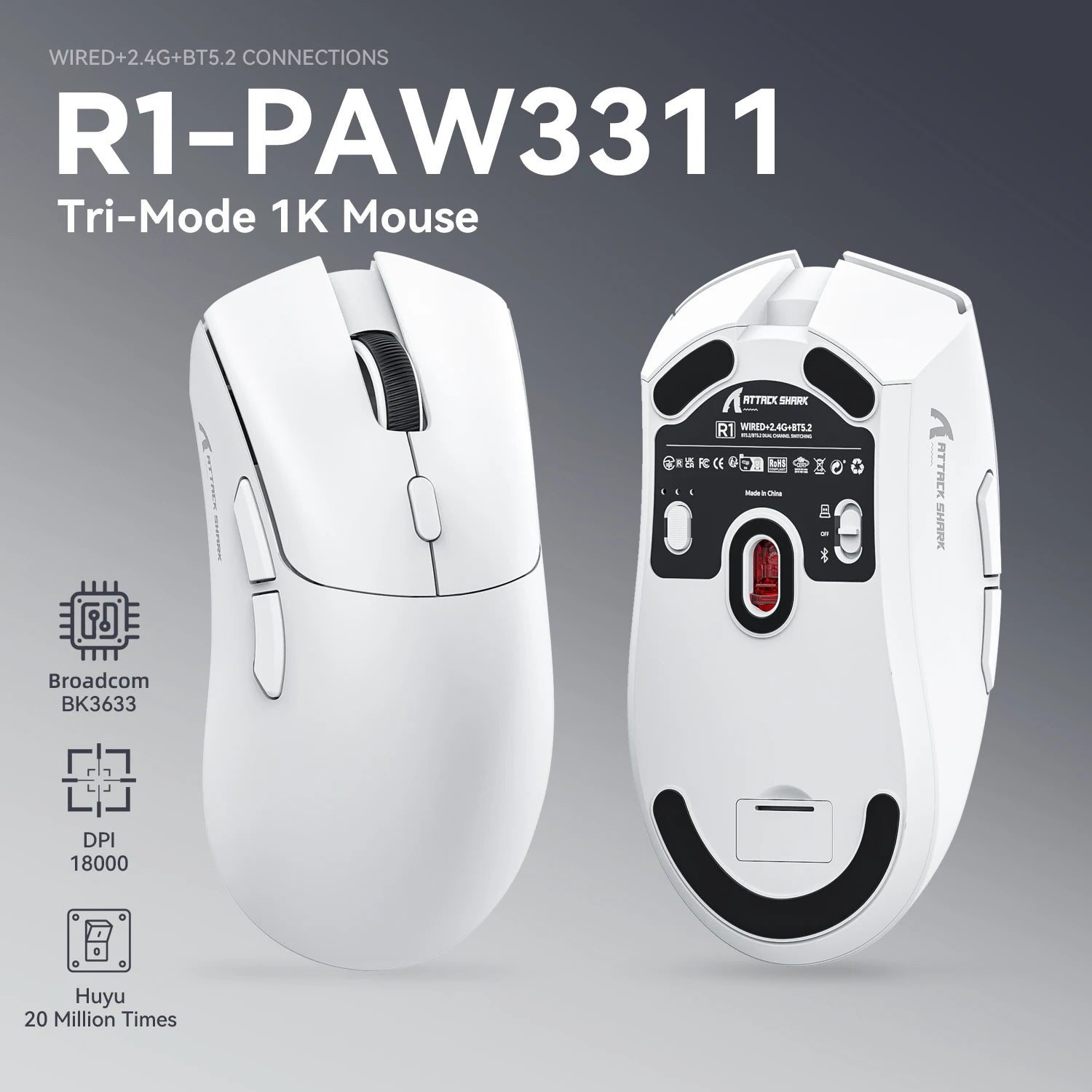 Attack Shark R1 Wireless gamer mouse,PAW3311 1KHZ 18000dpi,Bluetooth
